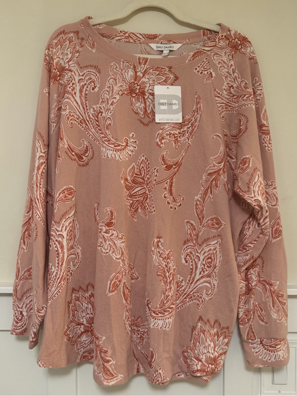 Size 1X - Women's Pink/Rust Floral Paisley Long Sleeve Sweater